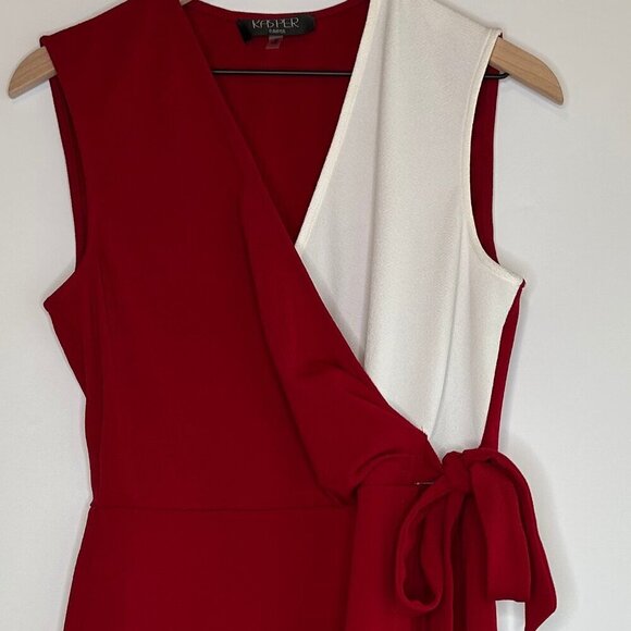 NWT KASPER V Neck Knee Length Wrap Dress Red & Cream Women's Size Medium 8/10 - Picture 2 of 6